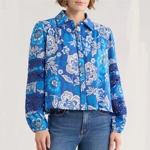 Elie Tahari size L button front shirt blue floral lace trim long sleeve cotton